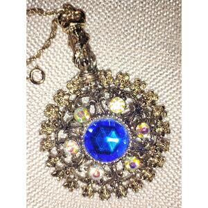 Vintage Gold Tone Filigree Pendant Necklace  Blue & Aurora Borealis Rhinestones